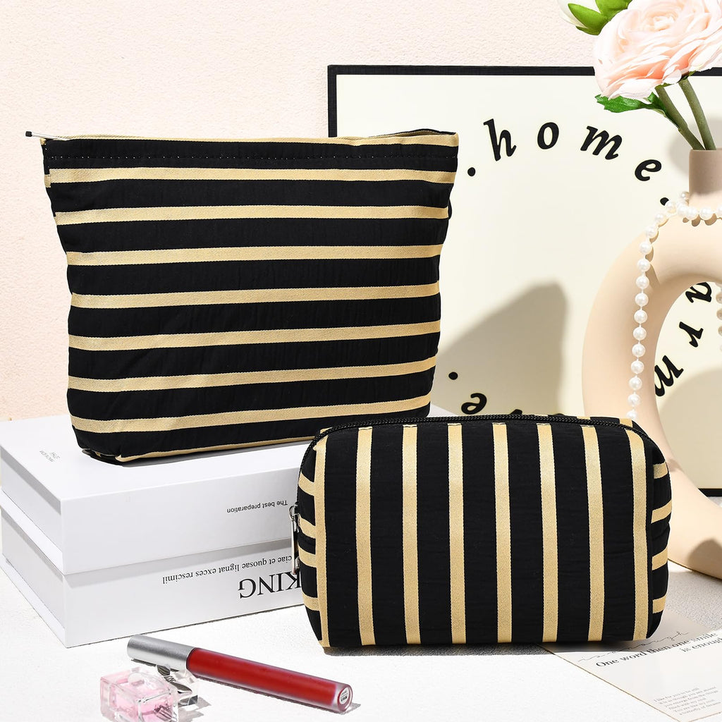 SOIDRAM 2 Pieces Makeup Bag Large Stripe Cosmetic Bag Capacity Canvas Mix Travel Toiletry Bag Organizer Cute Makeup Brushes Aest