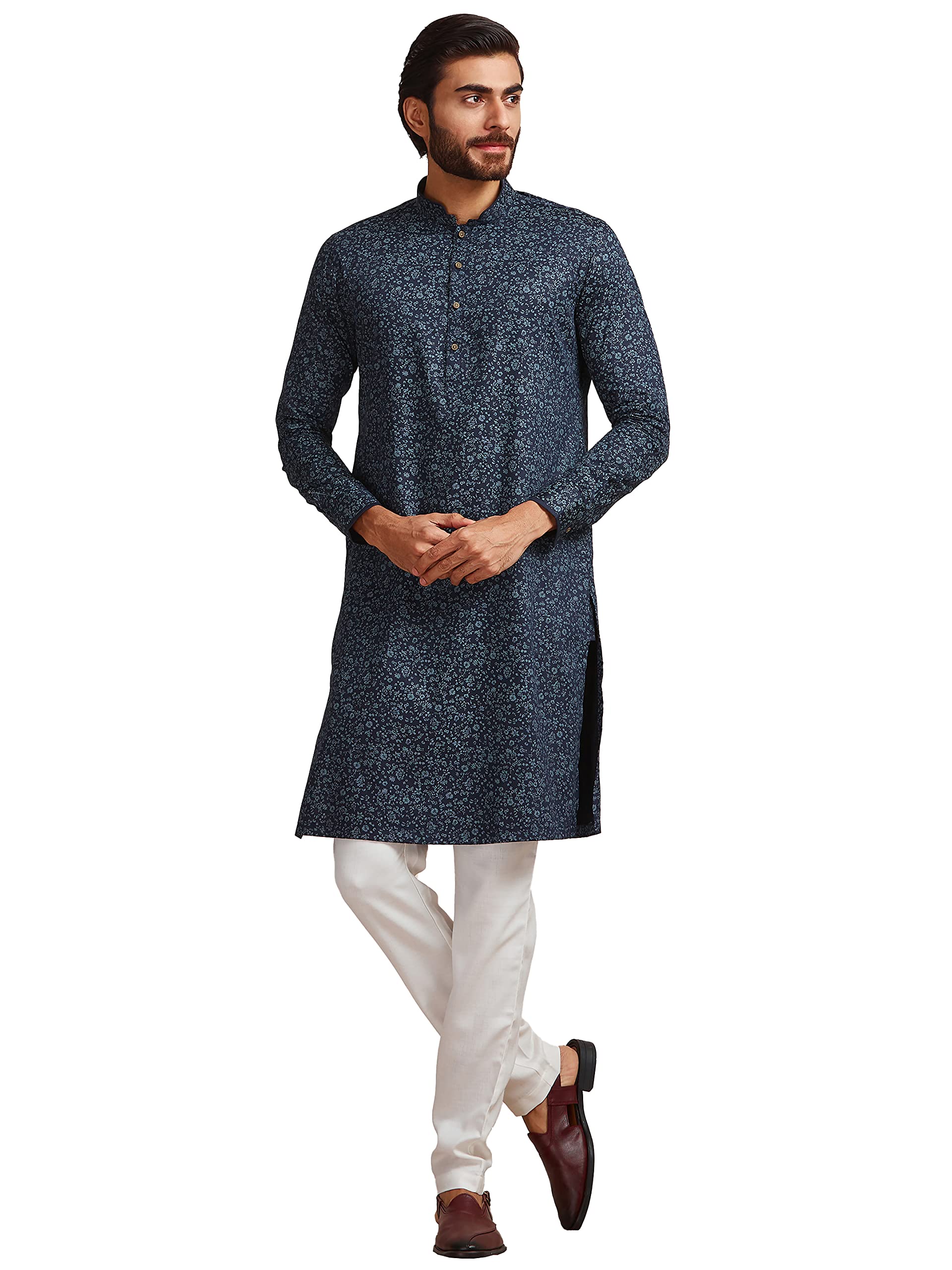Manyavar Blue Cotton Full Sleeve Kurta | Traditional Kurta For Men (L)
