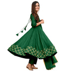 ANNI DESIGNER Women's Rayon Anarkali Gold Printed Kurta and Dupatta Set (Kumt; Green; Large)