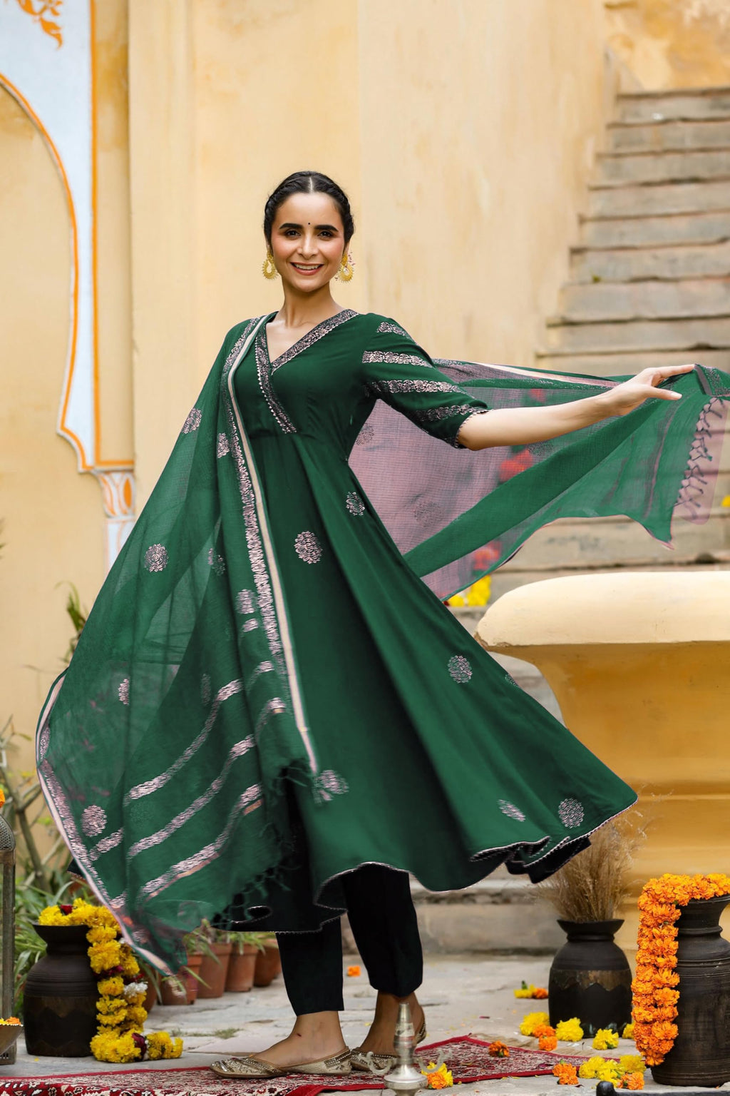 ANNI DESIGNER Anarkali Women s Rayon Blend Kurta with Trousers and Dupatta, Green, Small