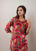 SMOWKLY Womens Printed Rayon Slub Mid Thighs Short Kurti With Relaxed Fit Pant Sylish Co-Ords Set || Trendy 3/4 Sleeve Kurta &