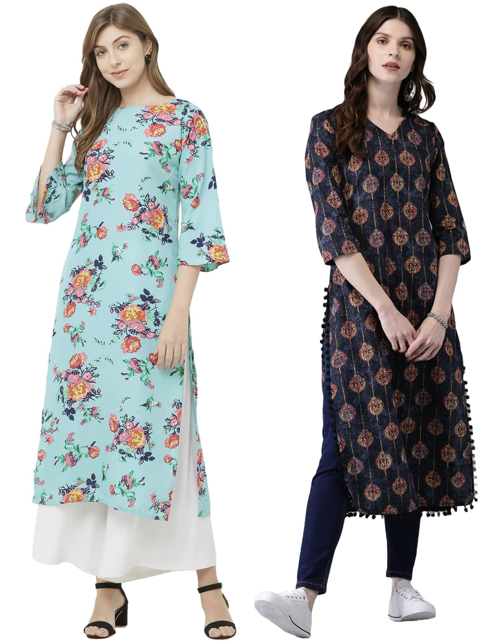 ANNI DESIGNER Women's Crepe Straight Printed Kurta Pack of 2 (PAGA Combo_016_M_Multi & Dark Blue_Medium)