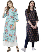 ANNI DESIGNER Women's Crepe Straight Printed Kurta Pack of 2 (PAGA Combo_016_M_Multi & Dark Blue_Medium)