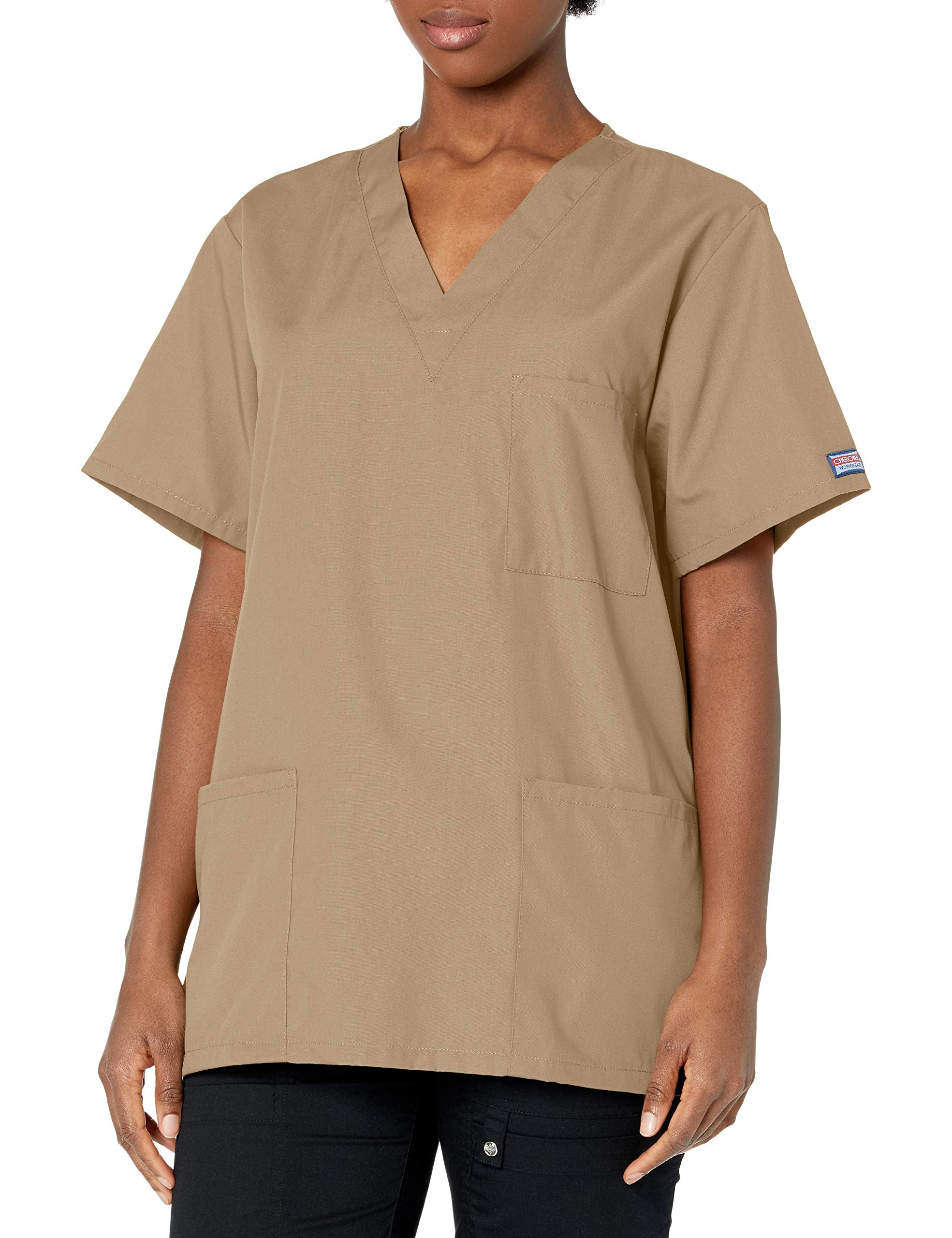 cherokee Women and Men V-Neck Scrub Top with 3 Pockets 4876, M, Khaki