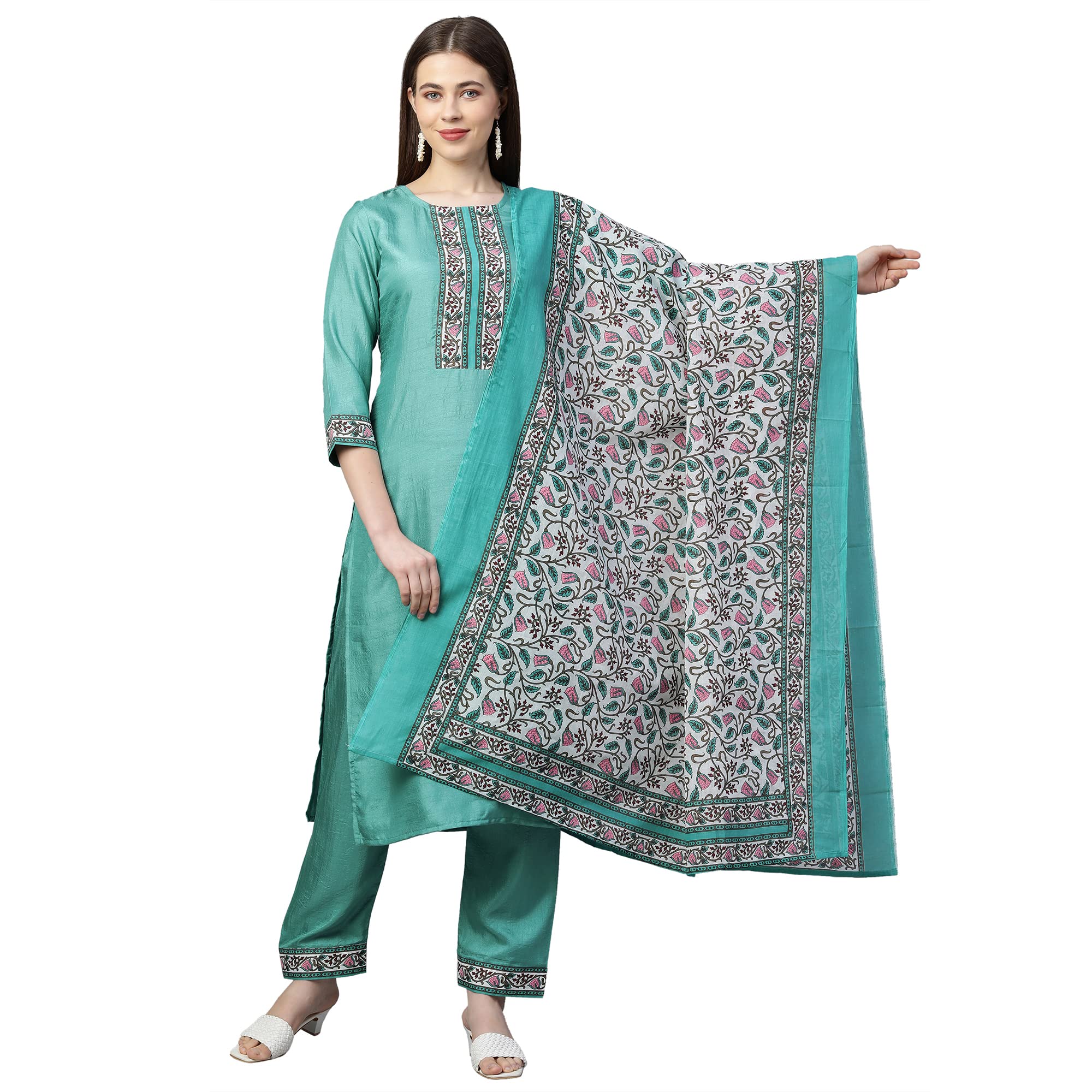 ANNI DESIGNER Womens Silk Blend Straight Kurta with Pant & Dupatta Set (KPTD-COT-10130-GREEN_XL_Green_X-Large)