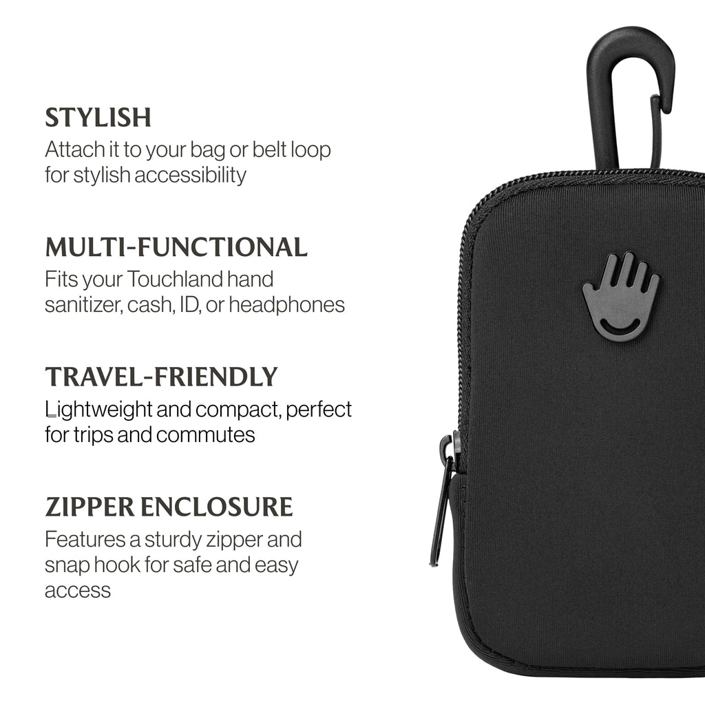 Touchland Touchette Zippered Pouch, Attachable Fashion Accessory with Snap Hook for Power Mist and Glow Mist 1FL OZ, Black