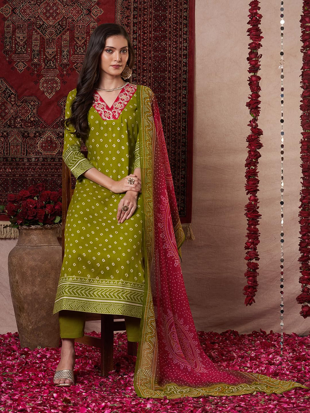 ANNI DESIGNER Women s Rayon Viscose Print Straight Kurta with Pants & Dupatta, Mehandi, 44