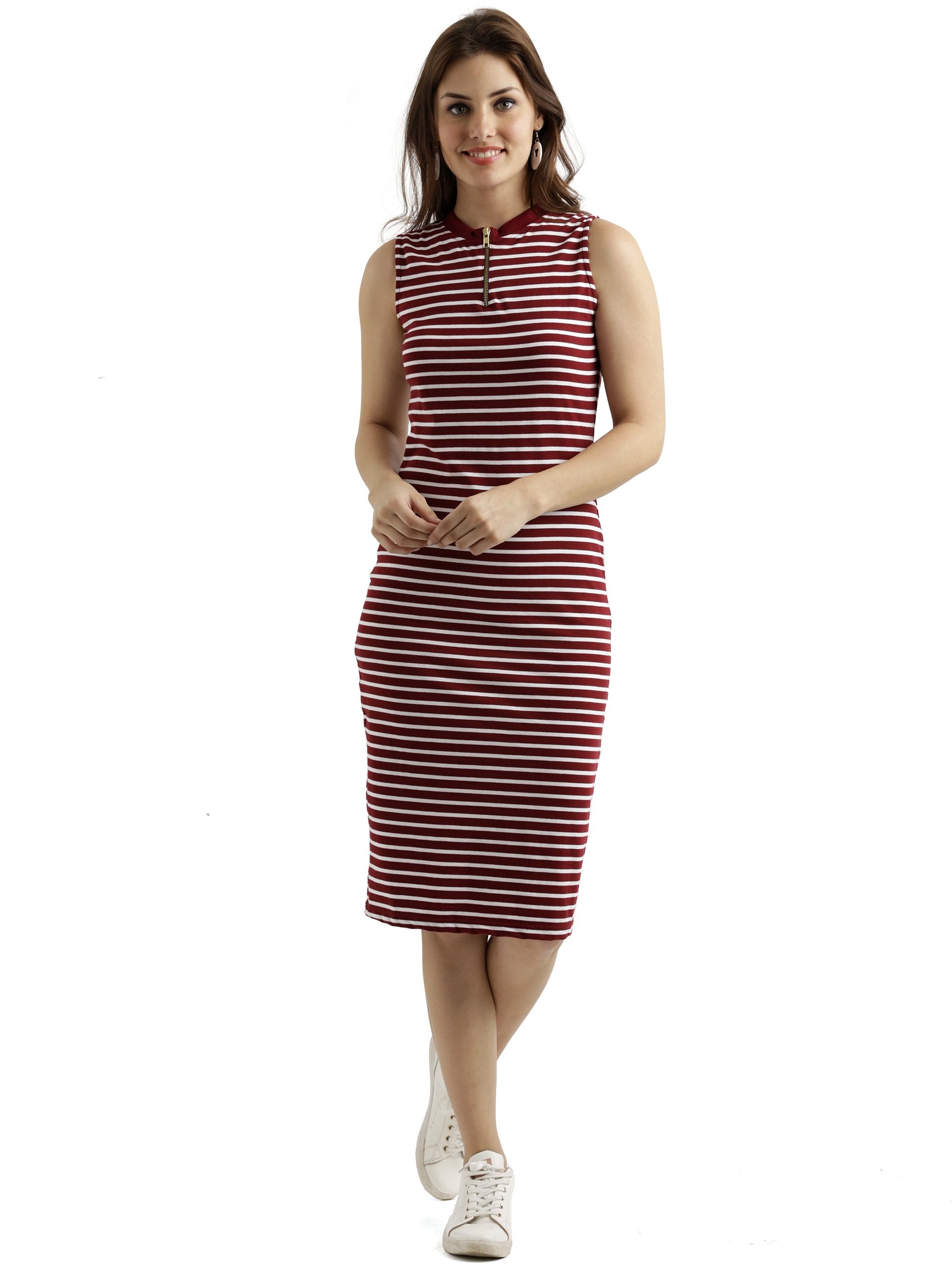 Miss Chase Womens Round Neck Sleeveless Striped Bodycon Dress (MCSS25D93-50-305-05, Maroon & White, L)