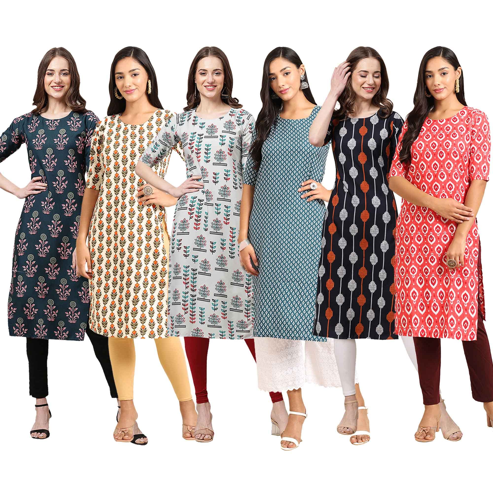 Pinkmint Womens Crepe Digital Print Straight Kurta [Pack of 6] (CKT-335-352-340-351-330-346-XL)