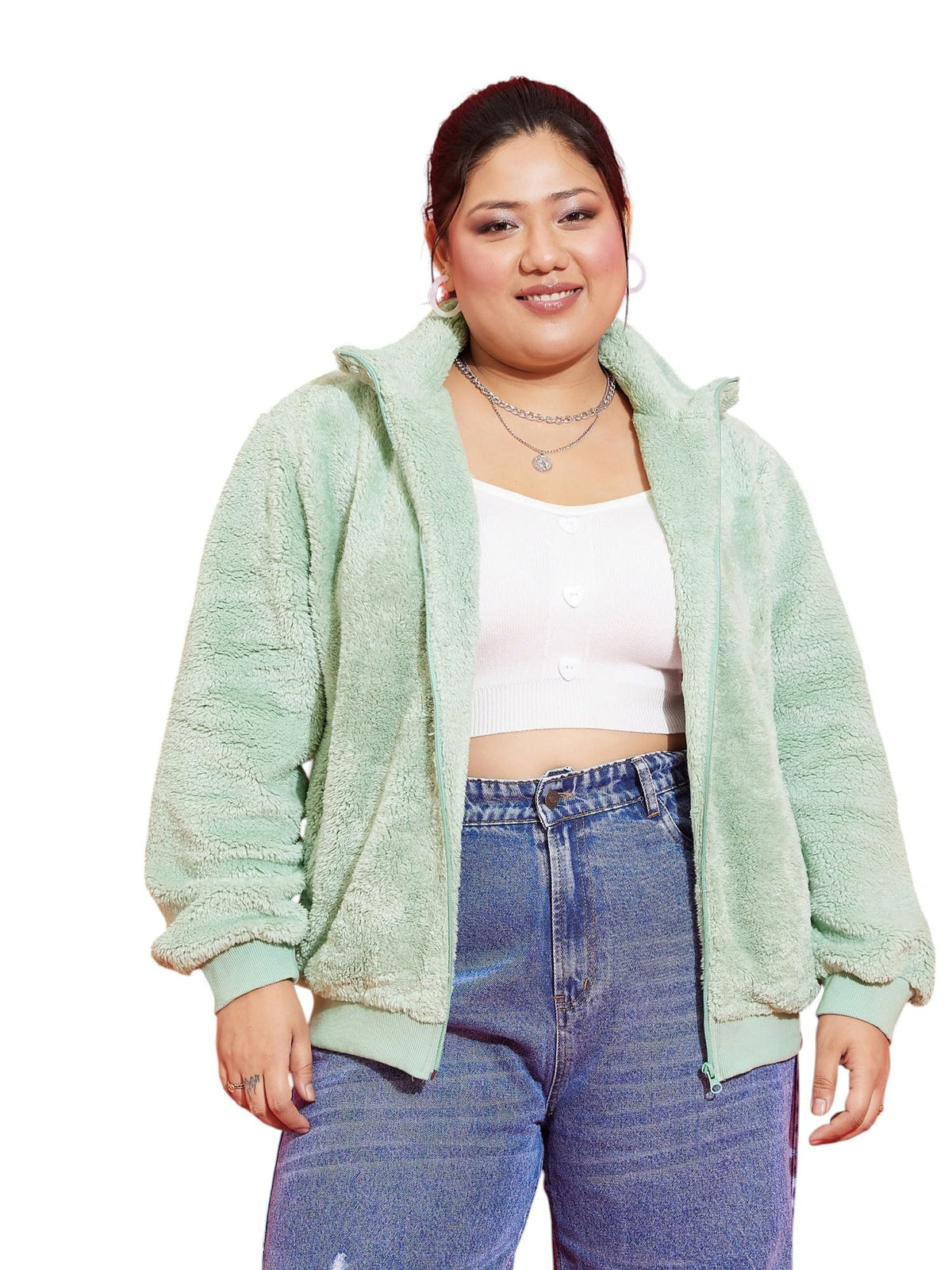 SASSAFRAS Curve Green Fur Metal Zipper Jacket 2
