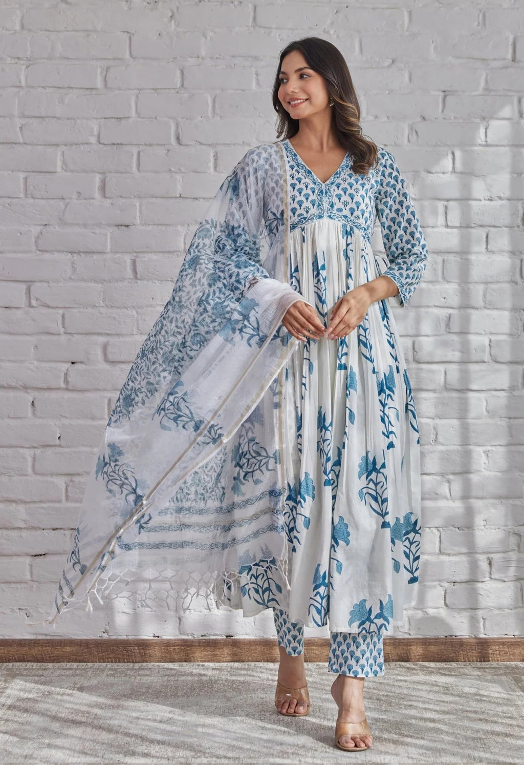 ANNI DESIGNER Womens Rayon Blend Printed Anarkali Kurta with Pant & Dupatta (Betul White_4XL_White_XXXX-Large)