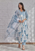 ANNI DESIGNER Womens Rayon Blend Printed Anarkali Kurta with Pant & Dupatta (Betul White_3XL_White_XXX-Large)