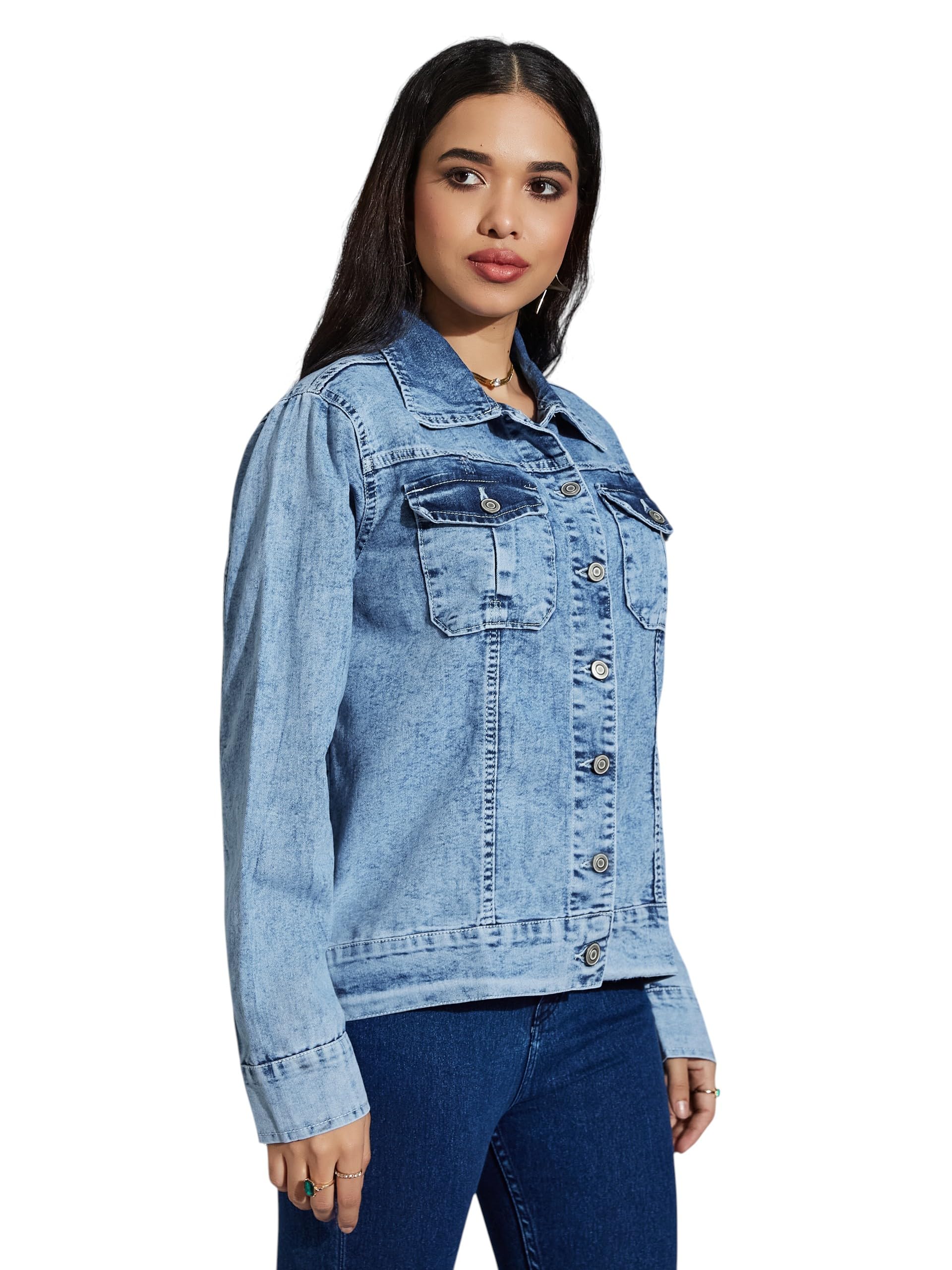 Miss Chase Womens Collared Full Sleeve Regular Length Denim Jacket (MCAW24DEN05-94-158-05, Light Blue, L)