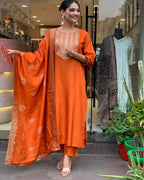 ANNI DESIGNER Womens Rayon Blend Embroidered Straight Kurta with Pant & Dupatta (PUNEETA Orange_L_Orange_Large)
