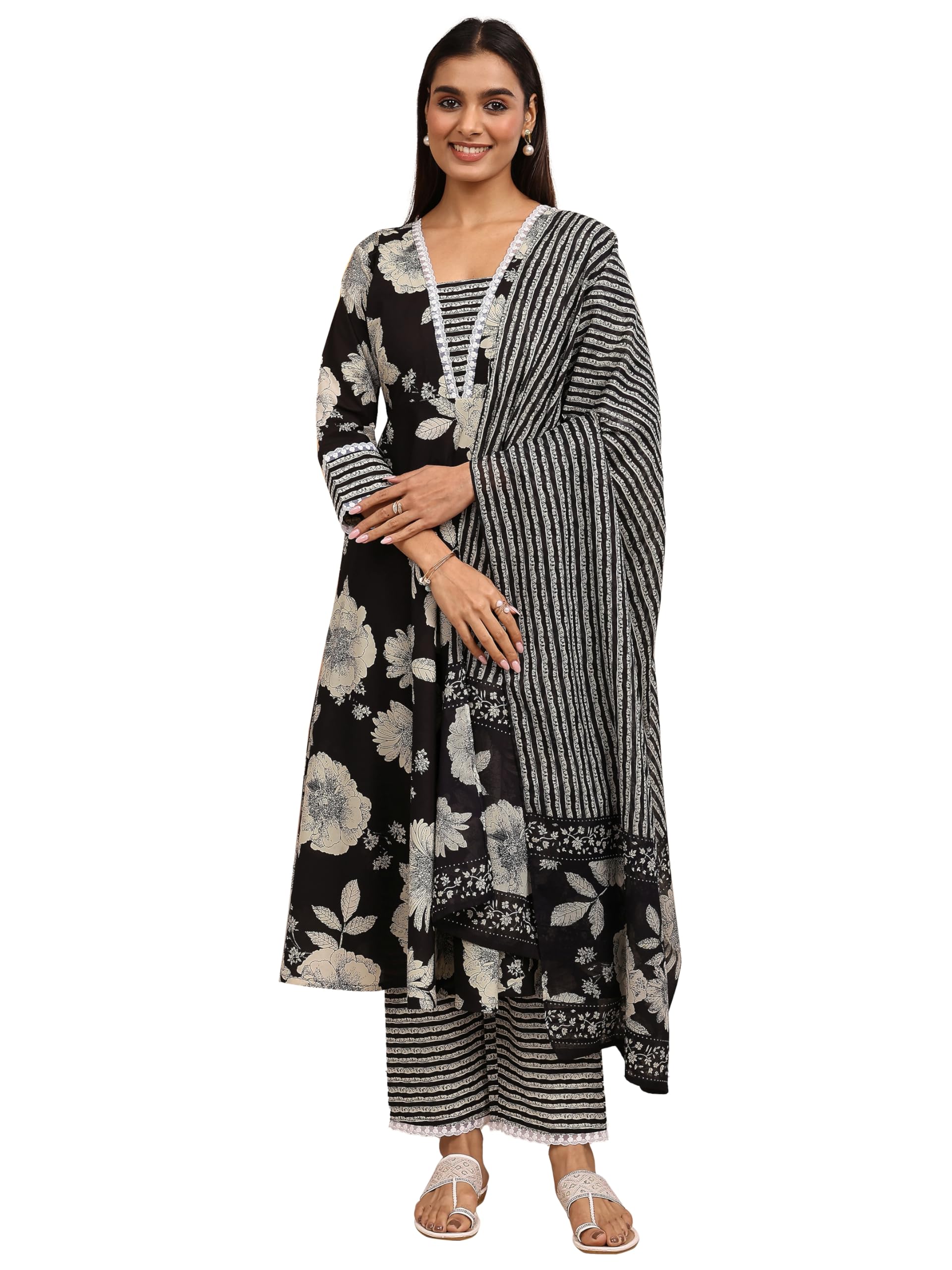 Libas Printed Cotton A-Line Kurta With Trousers With Dupatta (401285Xxl)