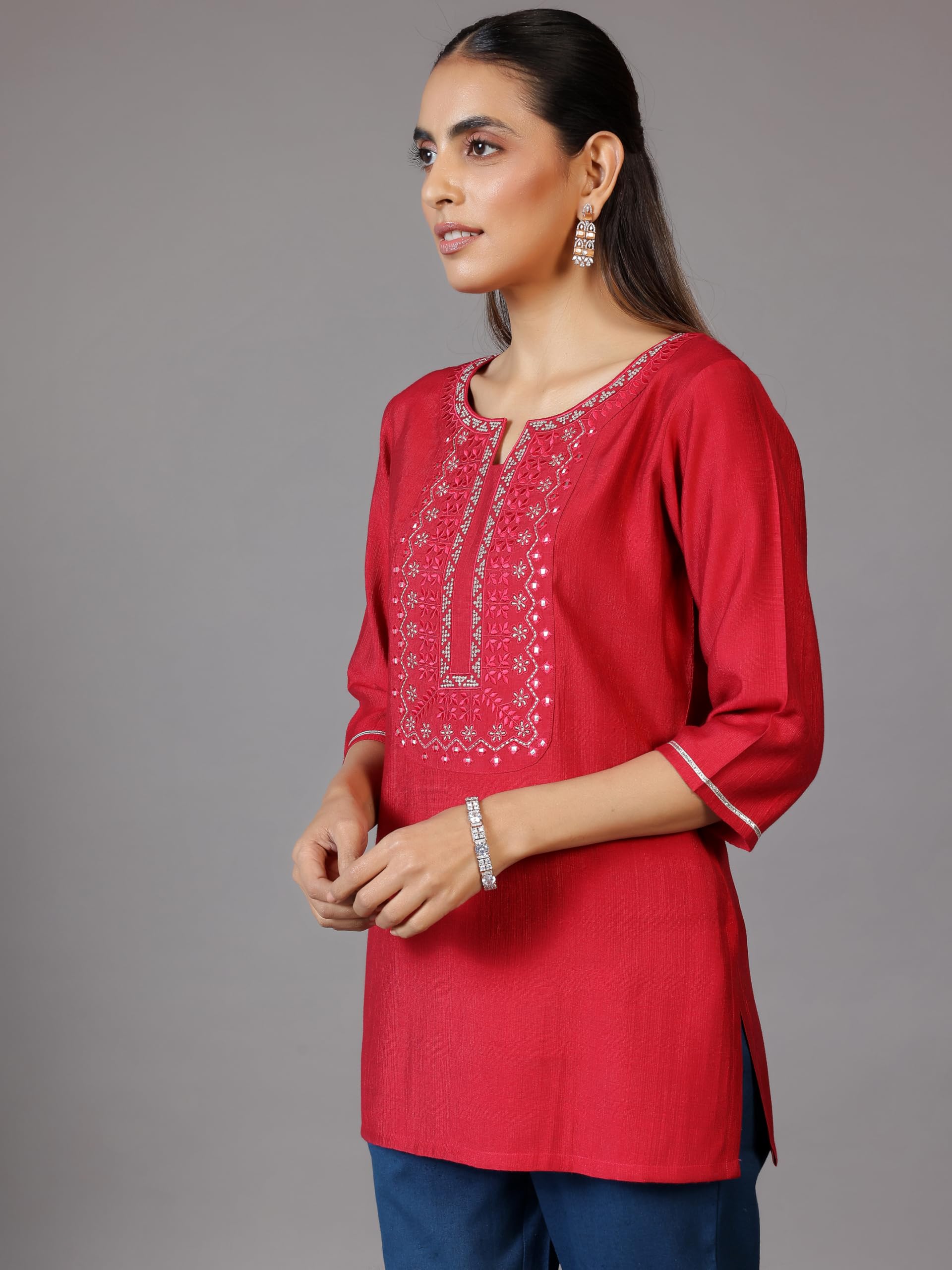 Libas WomenS Silk Blend Embroidered Straight Kurtis (26887_Pink