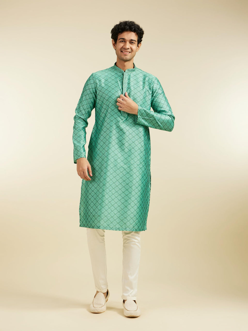 Diwas By Manyavar MenS Art Silk Self Design Kurta (Green,Xxl)