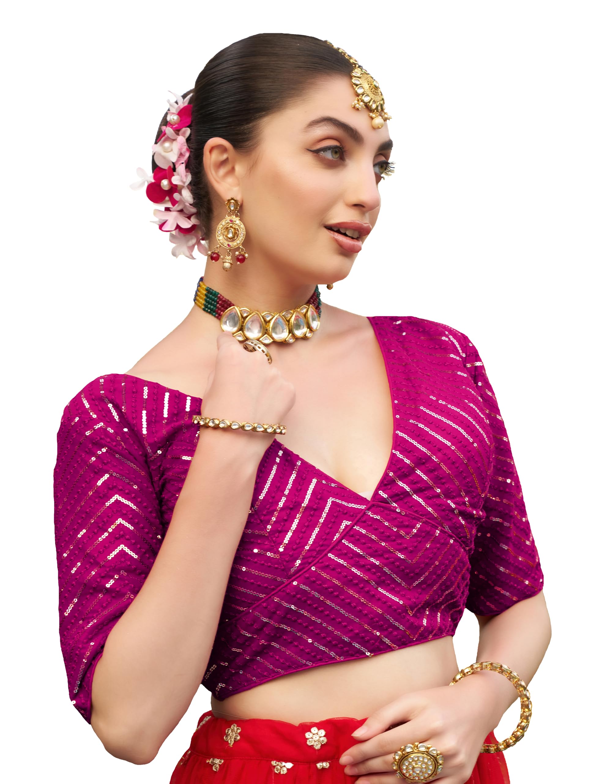 Pujia Mills Womens Fancy Readymade Georgette Half Sleeve Sequins Saree Blouse(Sequins Butti Rani_38)