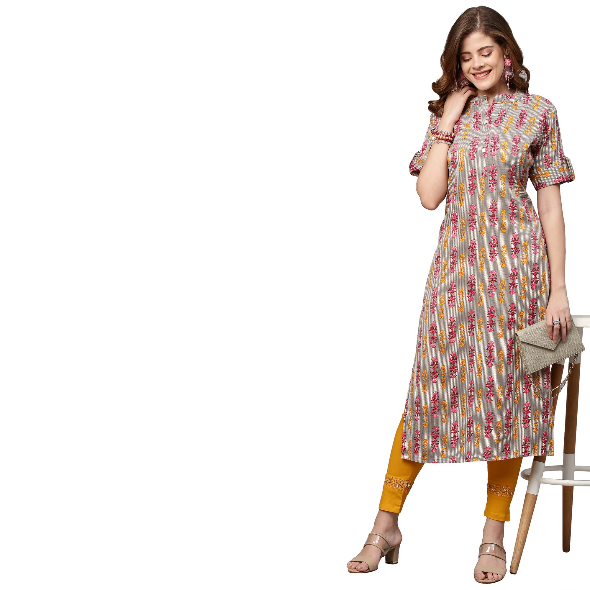 ANNI DESIGNER Women's Crepe Printed Straight Kurta (Noki STY Light Pink_S_Light Pink_Small)