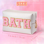 Y1tvei Preppy Patch BATH Letter Cosmetic Toiletry Bag PU Leather Portable Makeup Bag Sewn with Felt Varsity Letter Patches Water