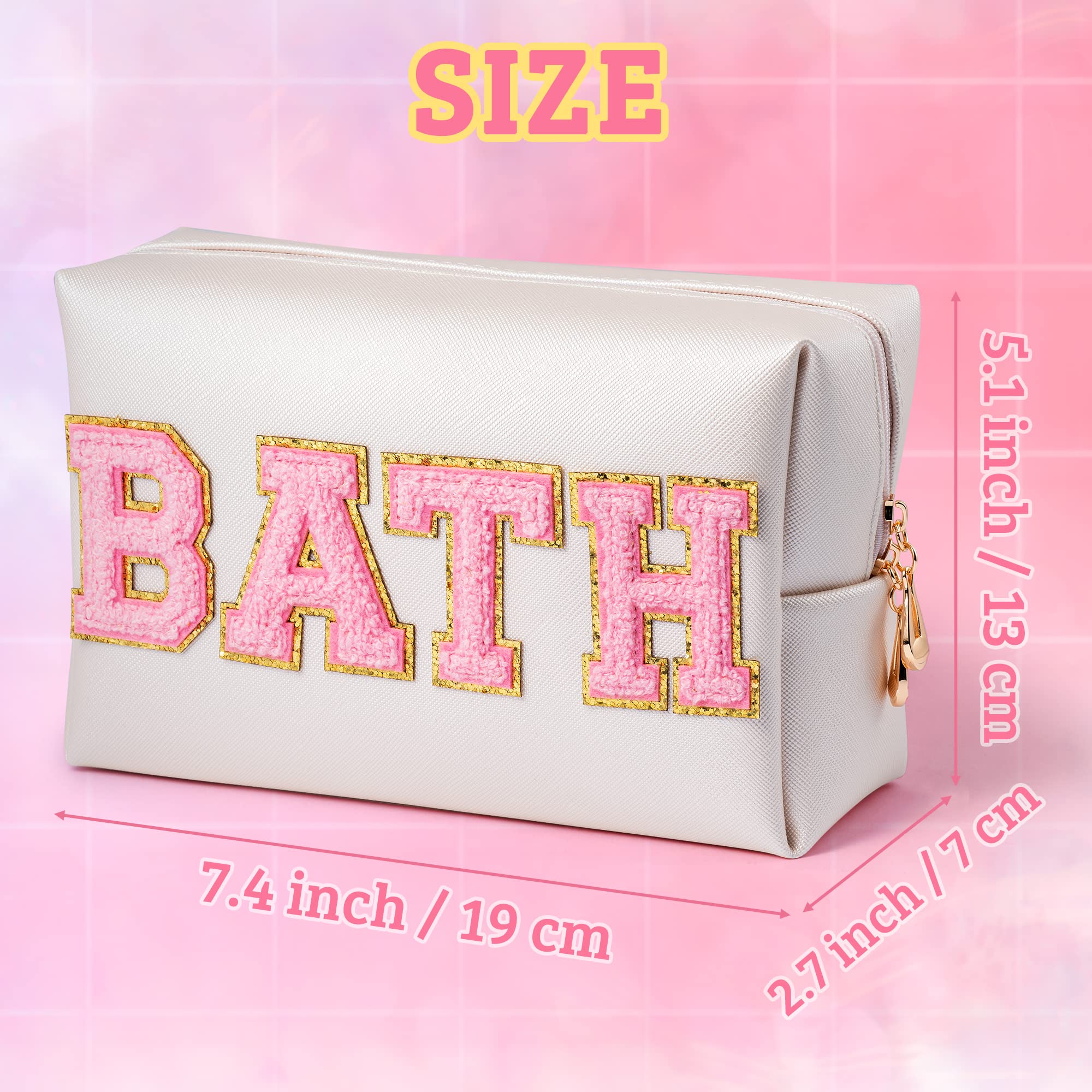 Y1tvei Preppy Patch BATH Letter Cosmetic Toiletry Bag PU Leather Portable Makeup Bag Sewn with Felt Varsity Letter Patches Water