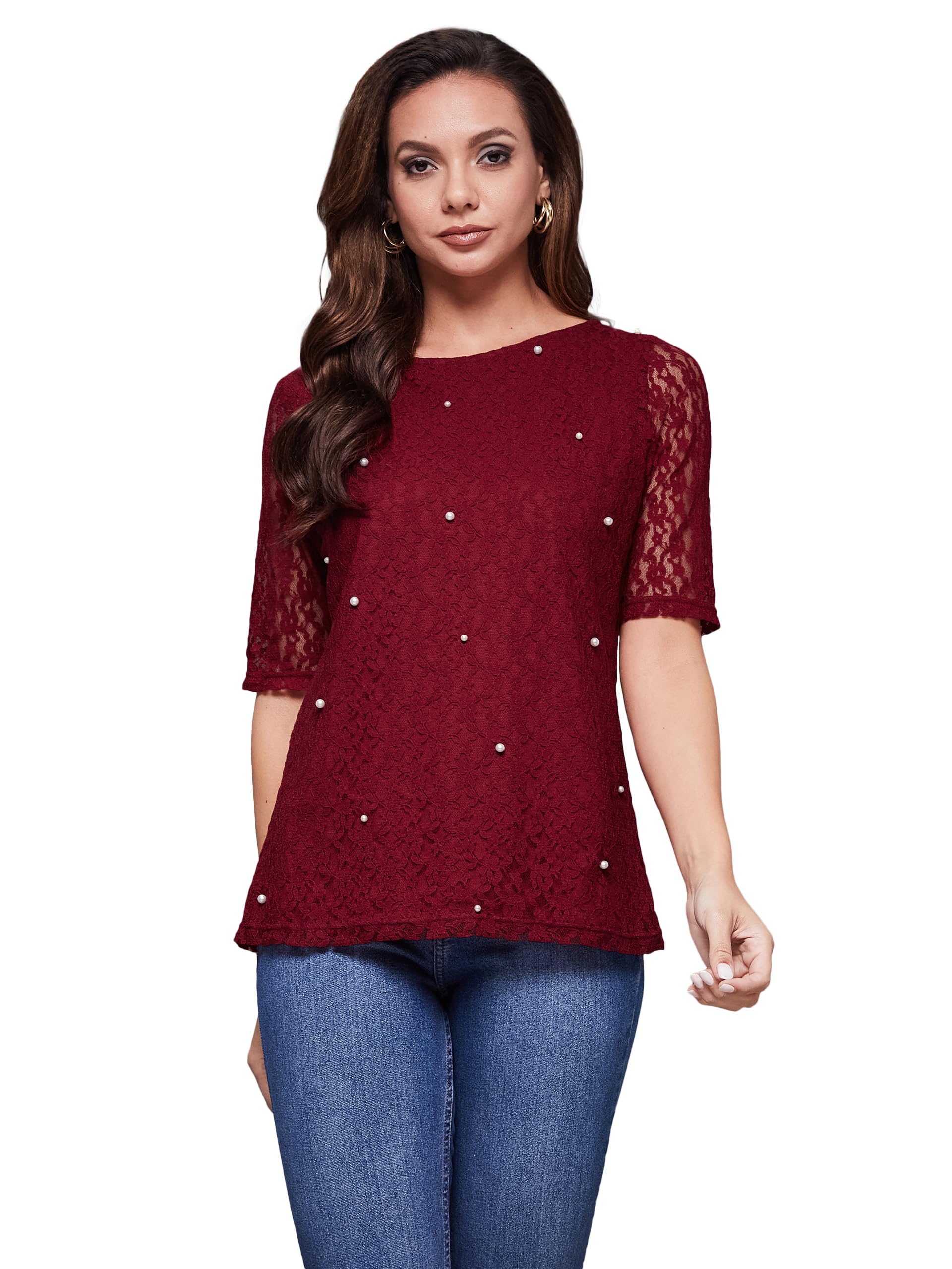 Miss Chase WomenS Round Neck Half Sleeves Cotton Top (Mcss25Tp98-23-143-05, Maroon, L)