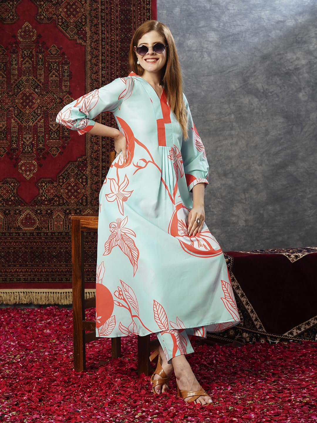 ANNI DESIGNER Ladies Cotton Blend Printed Kurta With Co-Ord Pants Set, Orange, XL