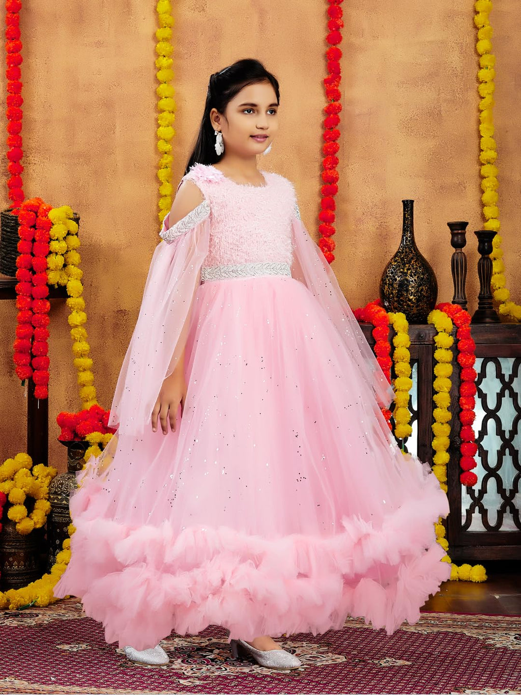 Aarika Girls Peach Colour Emballished Net Gown (4-11 Years)