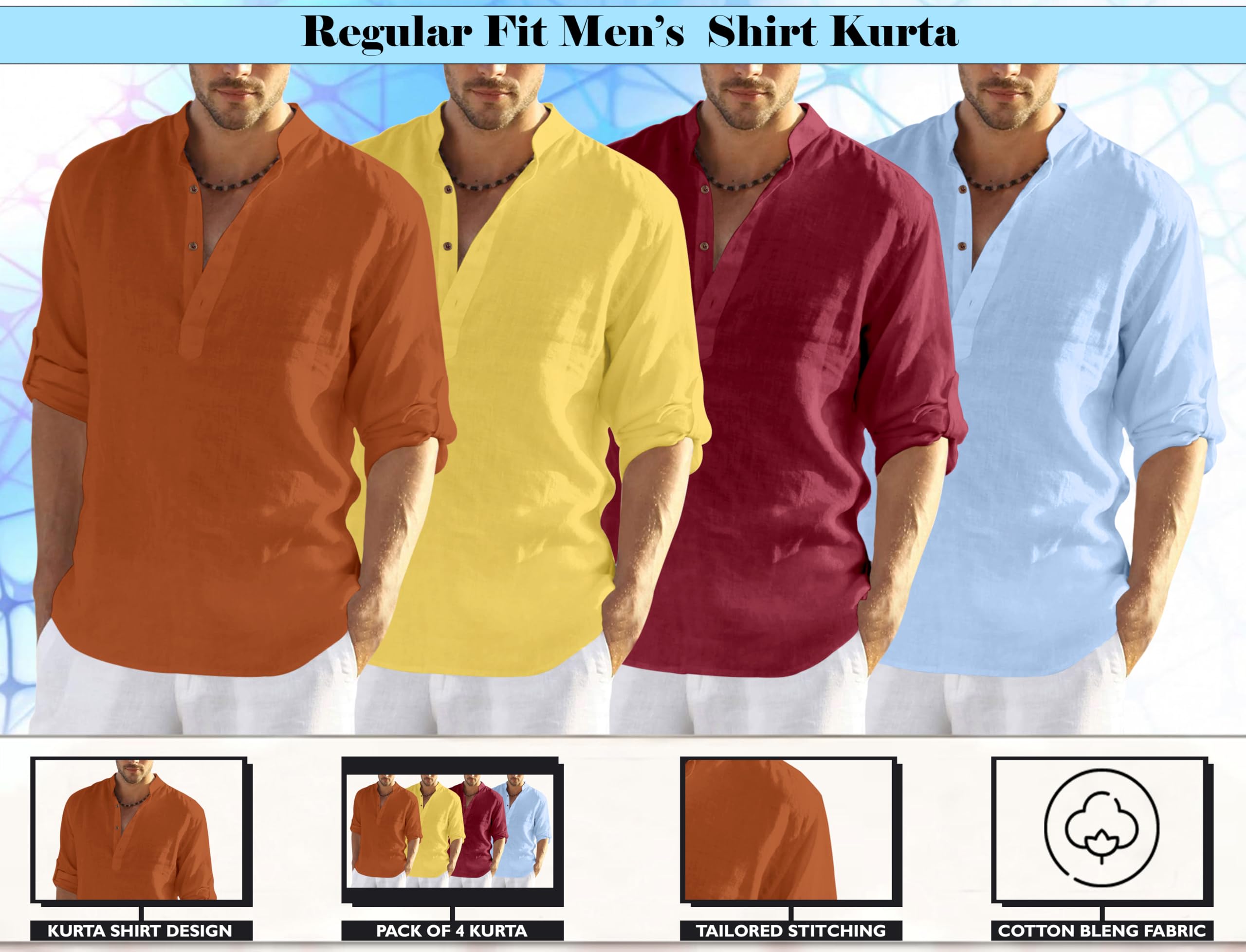 Zombom MenS Cotton Blend Solid Full Sleeve Regular Fit Kurta Shirt, Multicolor, Xl, Combo Set Of 4