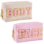 Patelai 2 Pcs Preppy Makeup Bags Chenille Letter Patch Bag Face Skin Hair Stuff Aesthetic Cosmetic Bag Travel Zipper Pouch Makeu