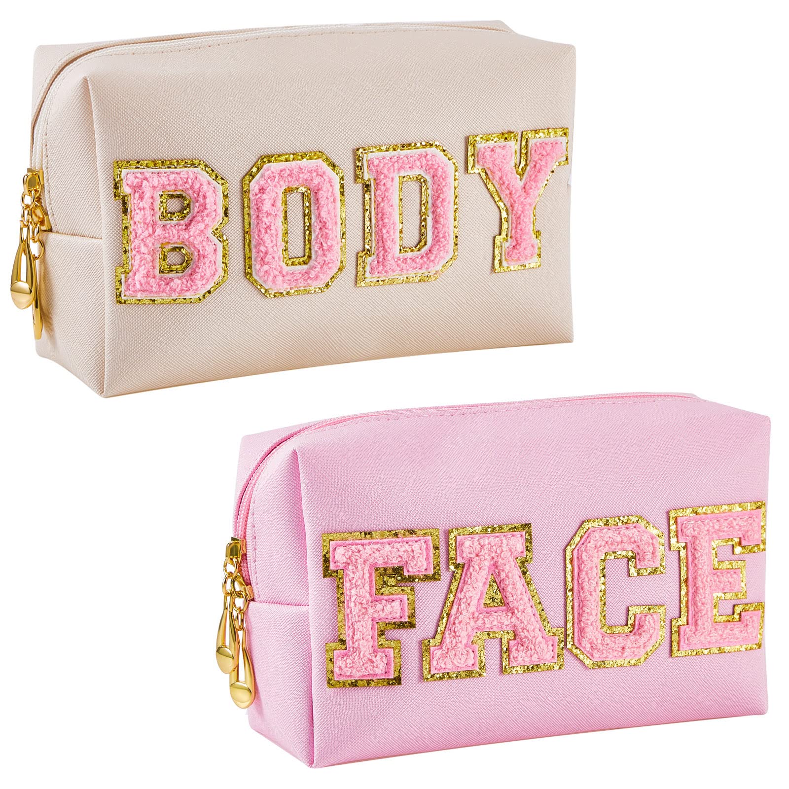 Patelai 2 Pcs Preppy Makeup Bags Chenille Letter Patch Bag Face Skin Hair Stuff Aesthetic Cosmetic Bag Travel Zipper Pouch Makeu
