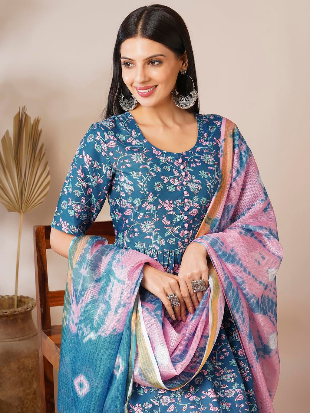 ANNI DESIGNER Women s Casual Rayon Blend Kurta with Pants and Dupatta, Blue, L