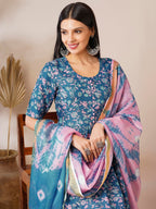 ANNI DESIGNER Women s Casual Rayon Blend Kurta with Pants and Dupatta, Blue, L