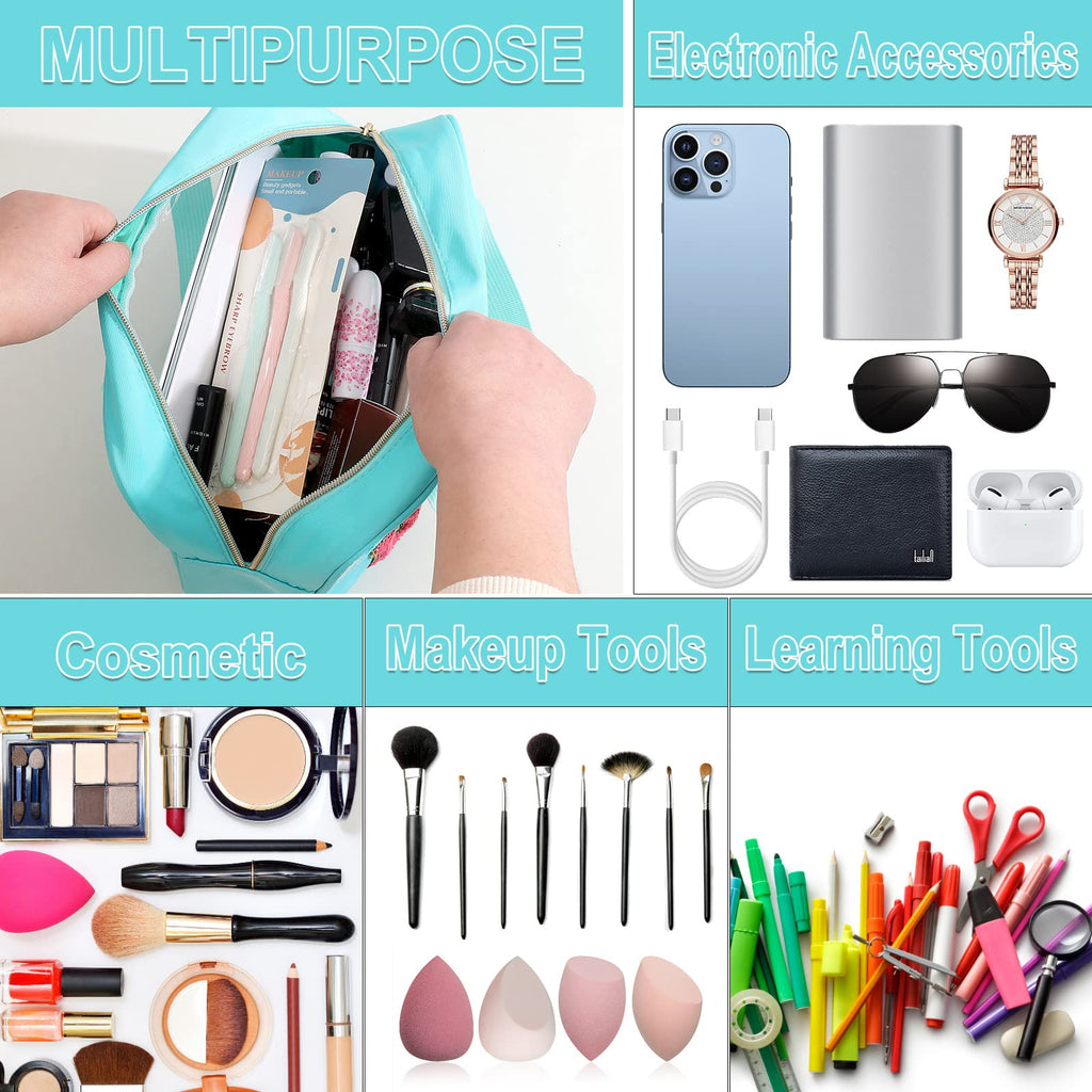 Chenille Letter Patch Clear Bag,Preppy Multi-purpose PVC&Nylon Clear Makeup Bag with Handles,Large Travel Makeup Toiletry Storag