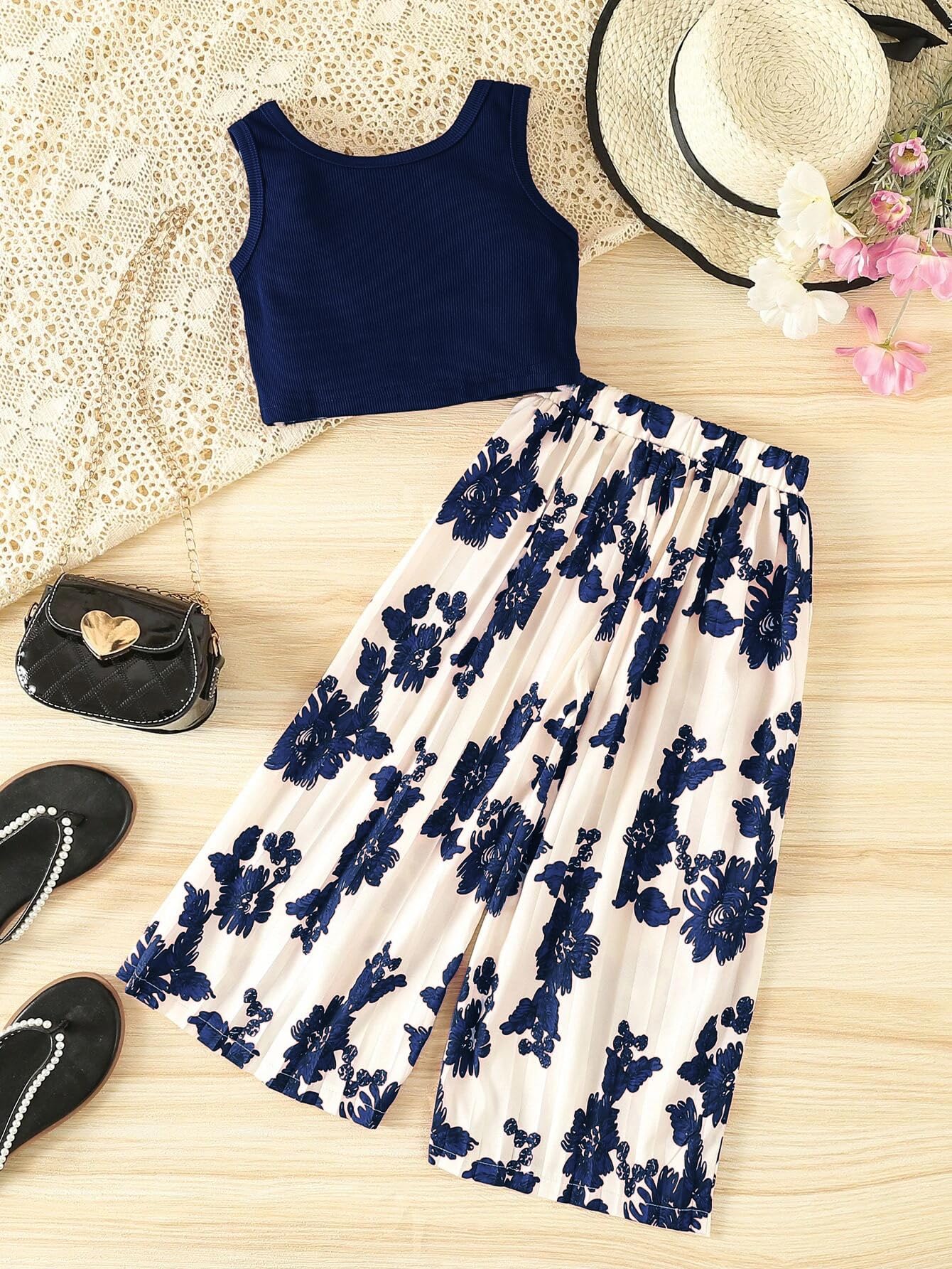 TAGAS Girls Polyester Solid Tank Top & Polka Dot Wide Leg Pants || COORDINATED OUTFIT || DRESS || TOP WITH PALAZZOS ||(GTP), Nav