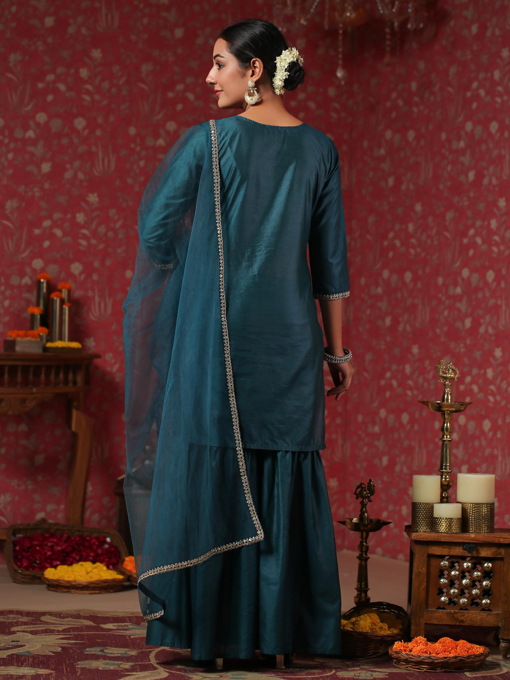 Ishin WomenS Poly Silk Self Design Zari Teal Straight Kurta Suit Set With Sharara & Dupatta