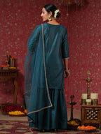 Ishin WomenS Poly Silk Self Design Zari Teal Straight Kurta Suit Set With Sharara & Dupatta