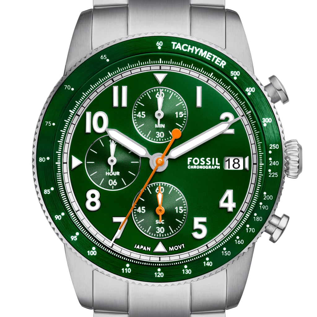 Fossil Men's Sport Tourer Quartz Stainless Steel Chronograph Watch, Color: Silver/Green (Model: FS6048)