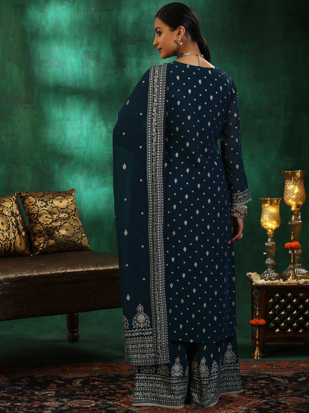 Libas Womens Printed Georgette Straight Kurta With Palazzos And Dupatta