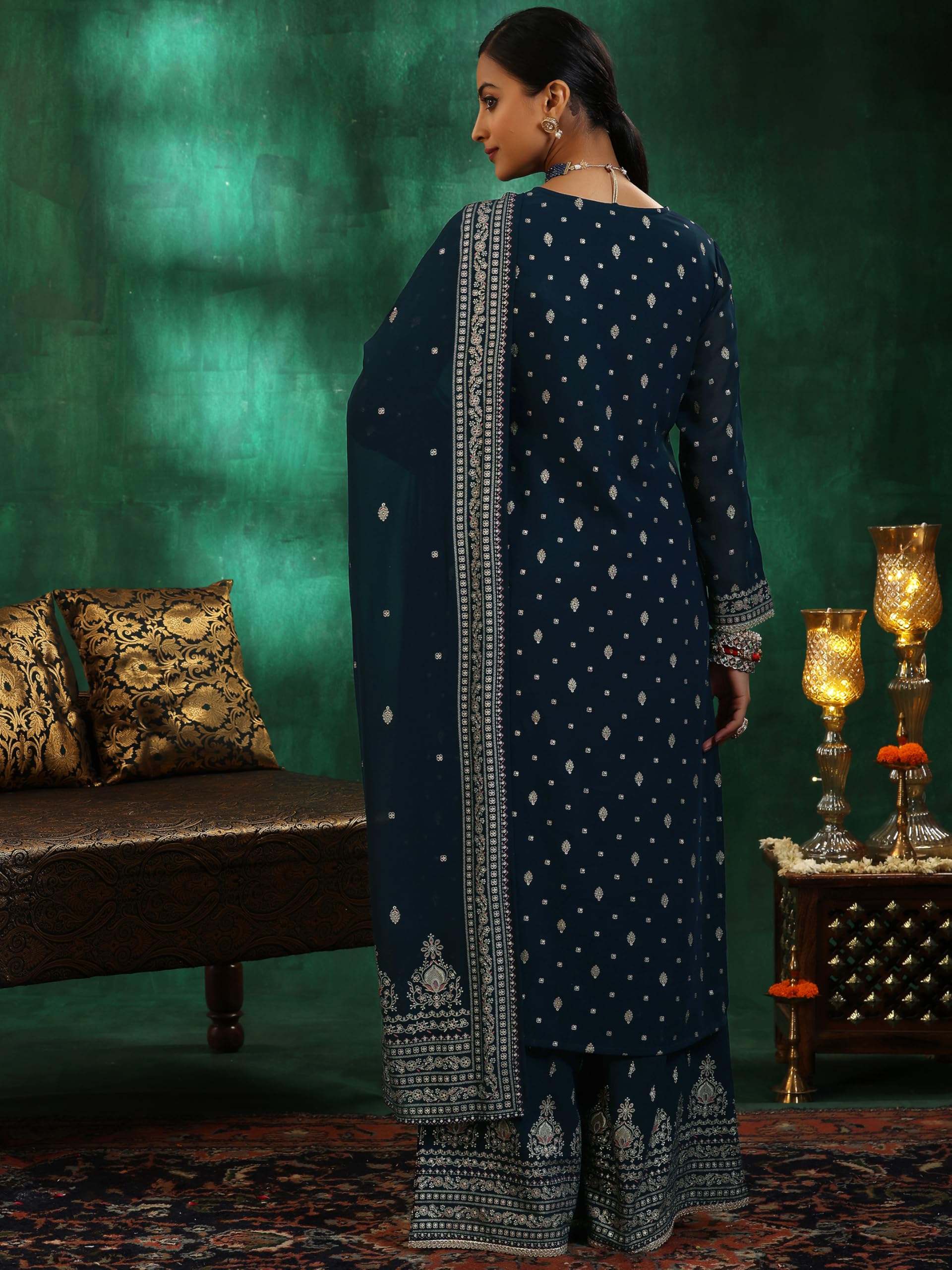 Libas Womens Printed Georgette Straight Kurta With Palazzos And Dupatta
