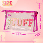 Y1tvei STUFF Large Makeup Bag - Preppy Patch Chenille Varsity Letter Transparent PVC Clear Extra Large Cosmetic Pouch Portable W