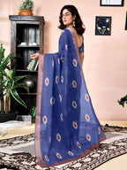 Satrani Womens Linen One Minute Pre Stitched Zari Stripe Border Printed Ready To Wear Saree With Attached pocket & Unstitched B