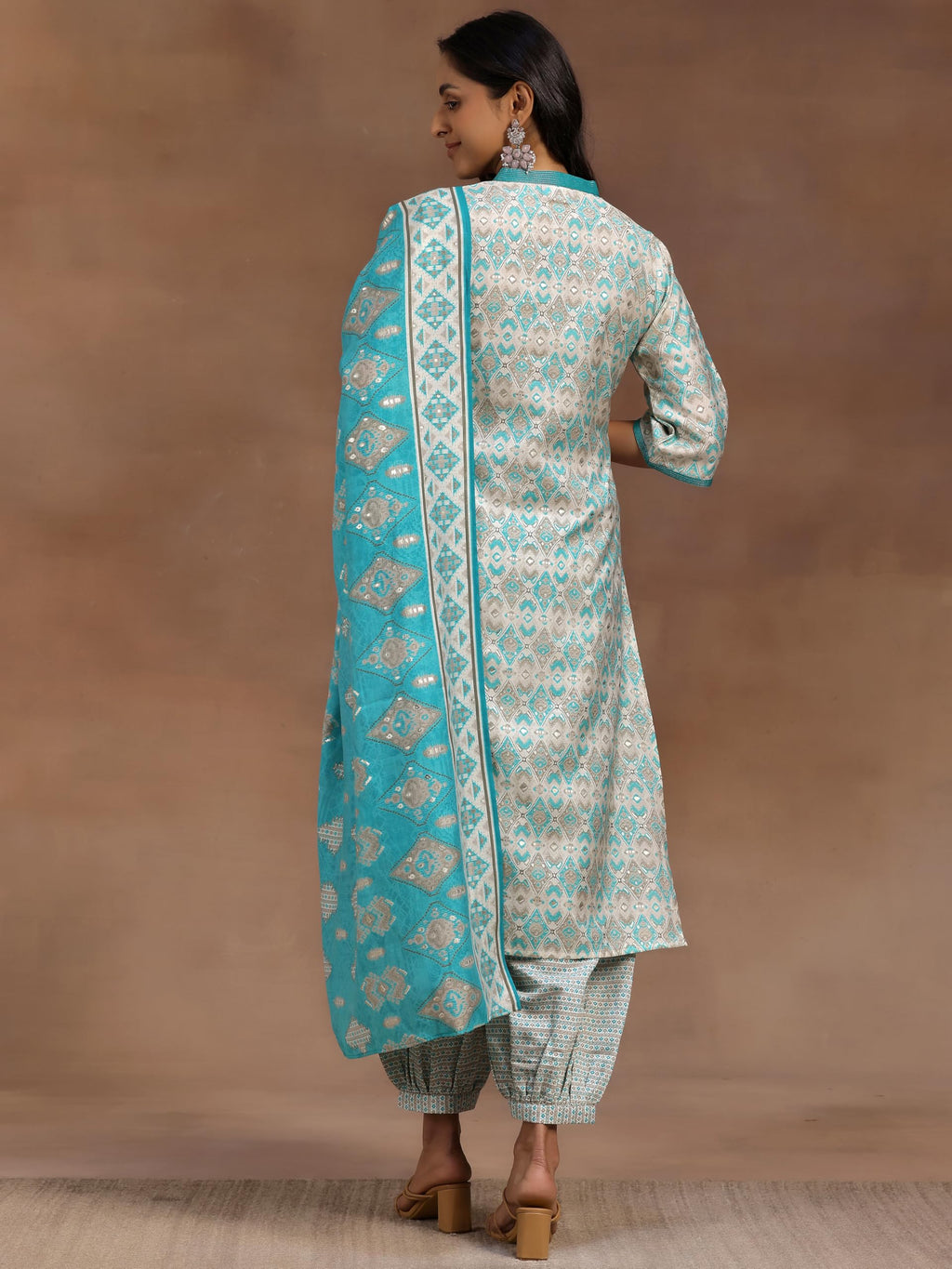 Libas Womens Printed Silk Blend Straight Kurta With Salwar And Dupatta