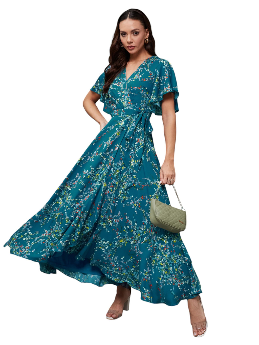 Miss Chase WomenS V-Neck Half Sleeve Floral Wrap Crepe Maxi Dress (Mcss25D93-25-176-05, Multicolored Base Turquoise, L)
