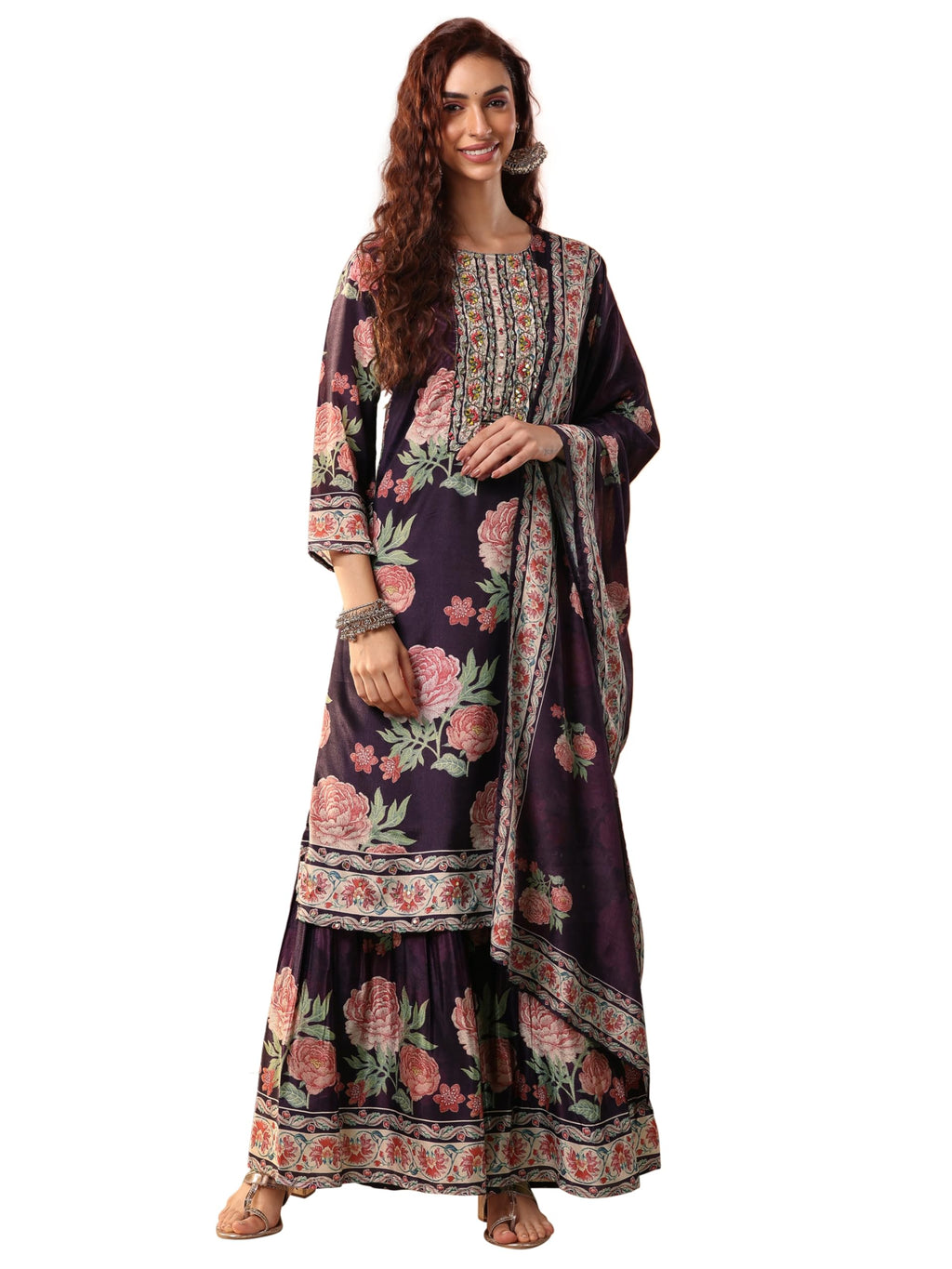 Libas Art Womens Printed Chinon Straight Kurta With Sharara and Dupatta
