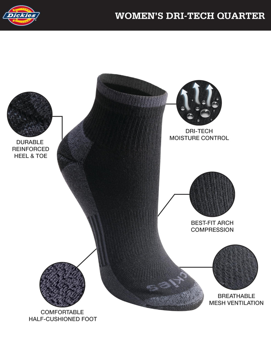 Dickies Women's Dri-Tech Moisture Wicking Quarter Socks, Available in M-L (6, 12, Black Assorted (6 Pairs), Medium