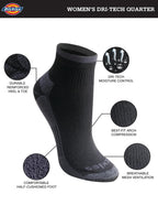 Dickies Women's Dri-Tech Moisture Wicking Quarter Socks, Available in M-L (6, 12, Black Assorted (6 Pairs), Medium