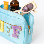 Fablinks Preppy Pouch, Chenille Varsity Letter Stuff Bag, Aqua Nylon Skin Care Patch Bags Organizer, Travel Make Up Skincare Cos
