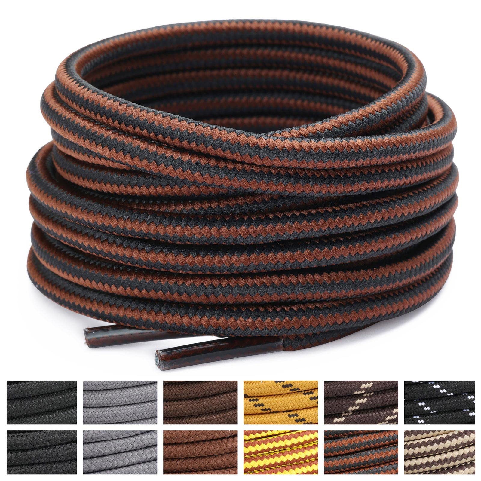 Stepace Round Shoelaces [2 Pairs] Heavy Duty Boot Shoe Laces for Hiking Work Boots Coffee Black-180(Stripe)
