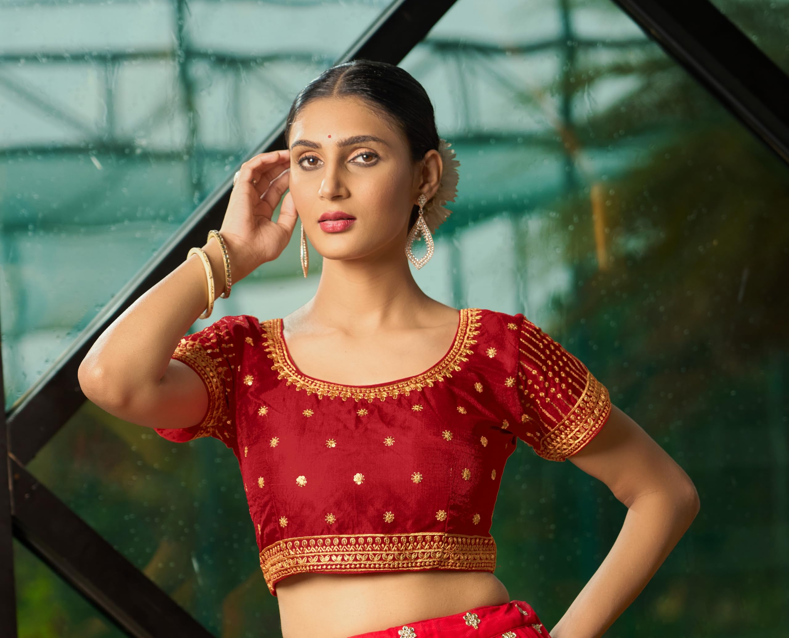 Pujia Mills WomenS Red Readymade Blouse Embroidery Multi Coding Gold Thread Indian Ethnic Designer Blouse Stitched WomenS Read